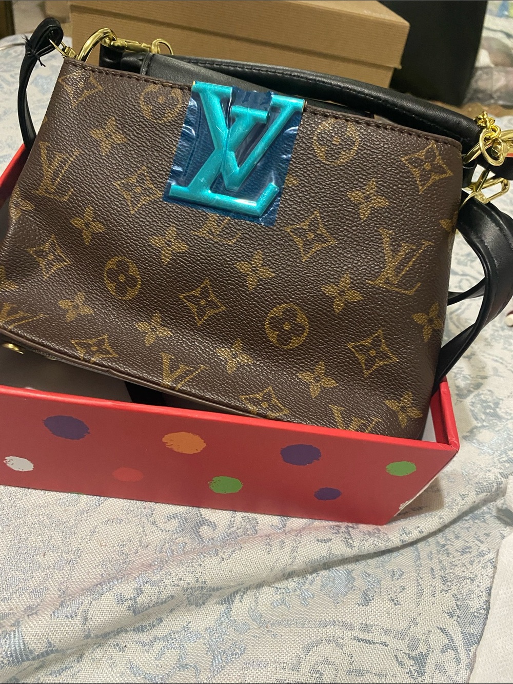 Louis Vuitton Brown Monogram Crossbody with Turquoise LV Plaque